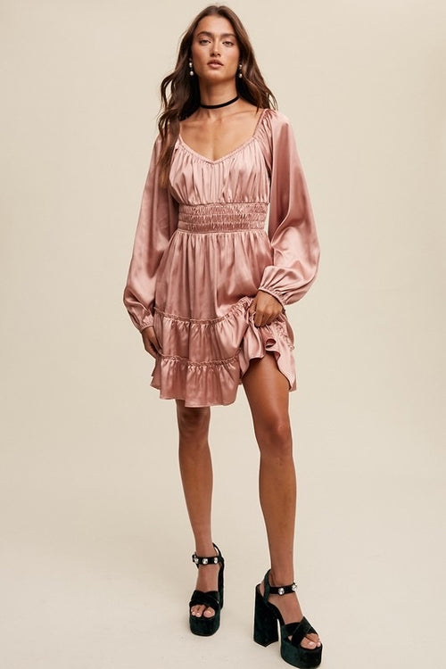 *FEELS Satin Sweat Heart Neck Long Sleeve Dress