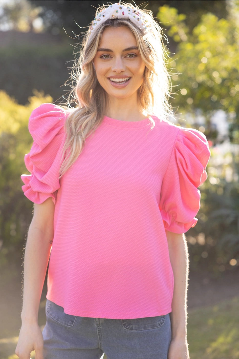 ANGLES Pleat PuffSleeve TexturedKnit Top