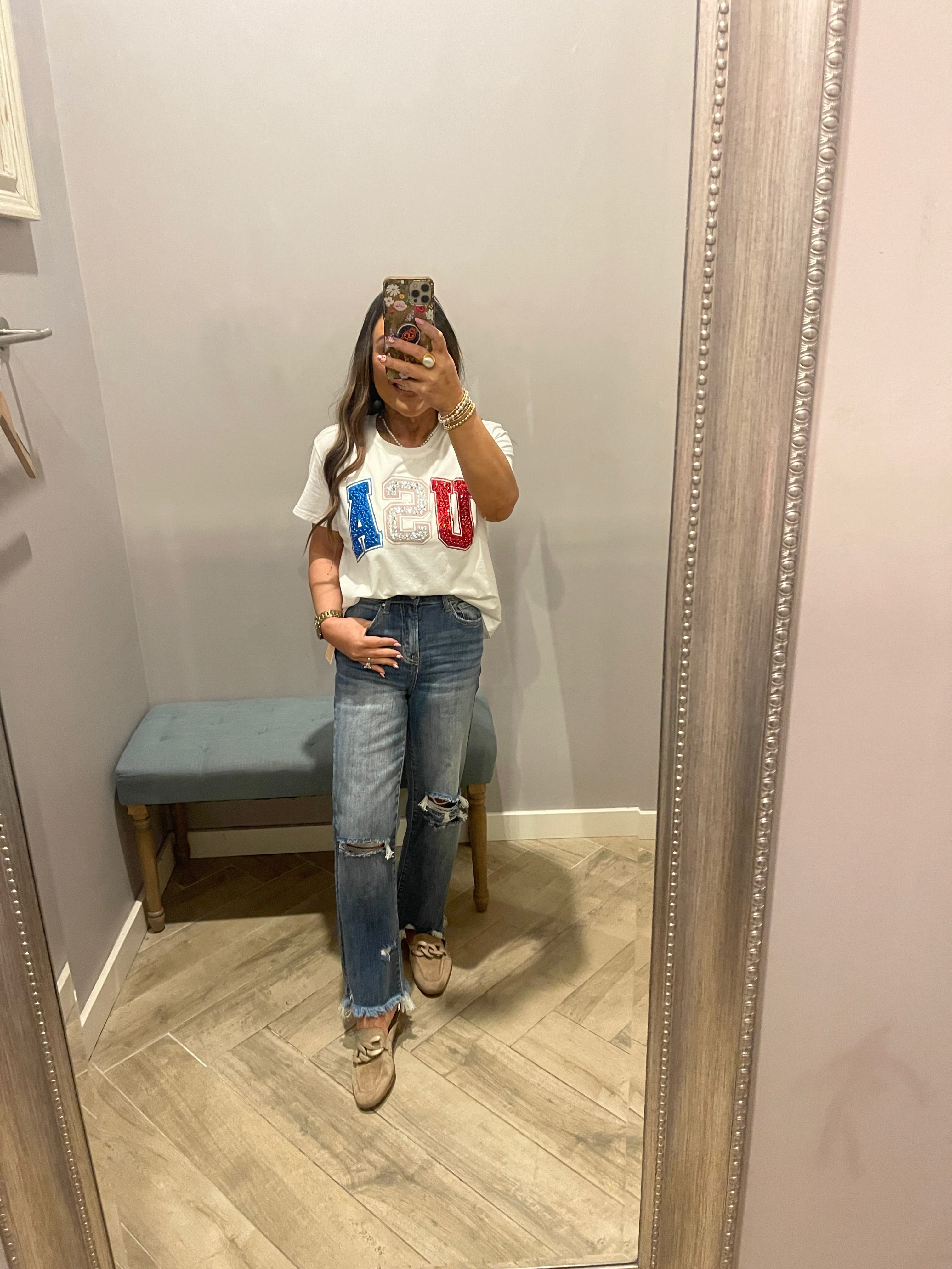 QUEEN OF SPARKLES Beaded USA Appliqué Tee