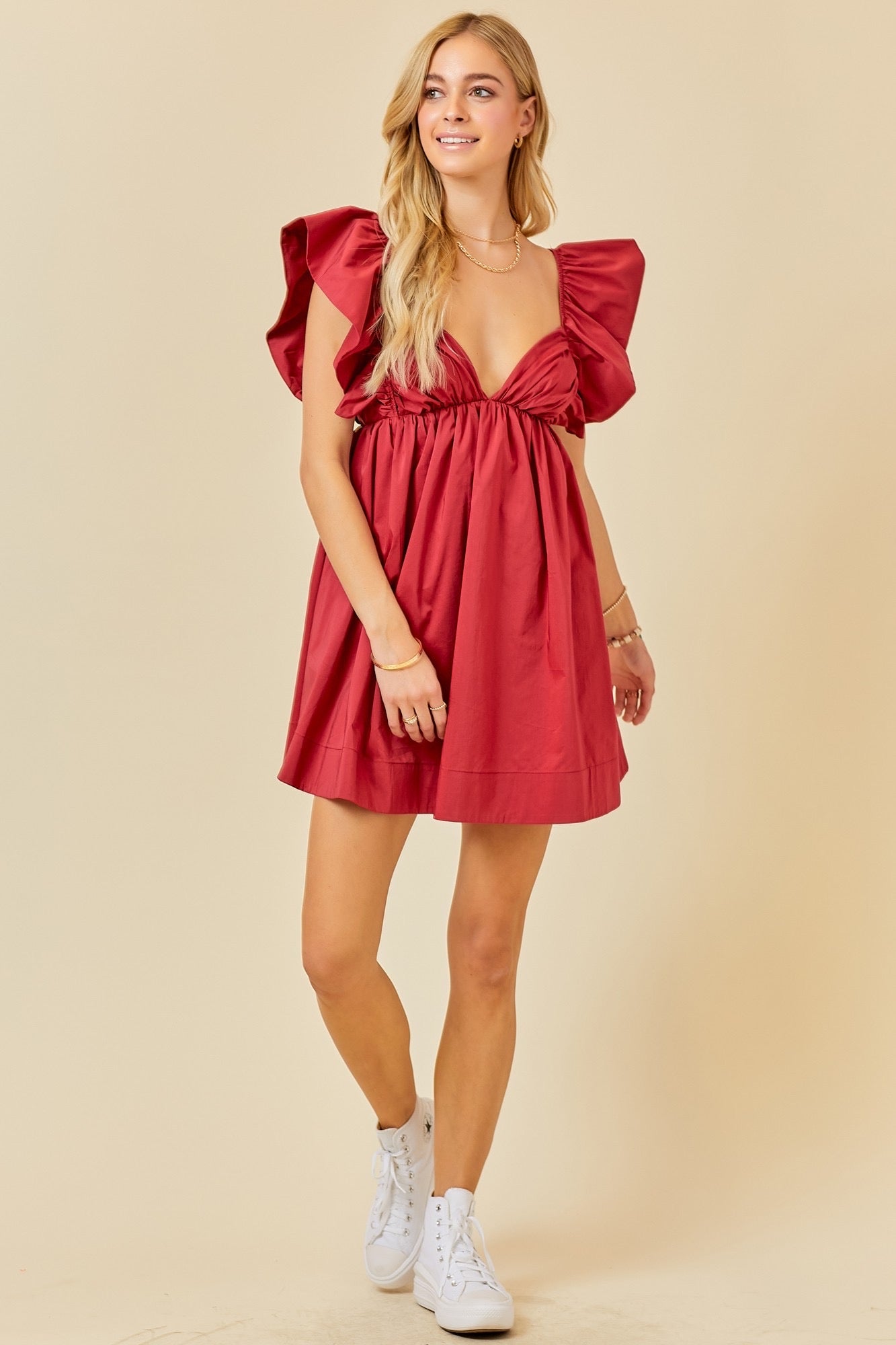 MAE TieBack RuffleSleeve Poplin V-Neck Dress