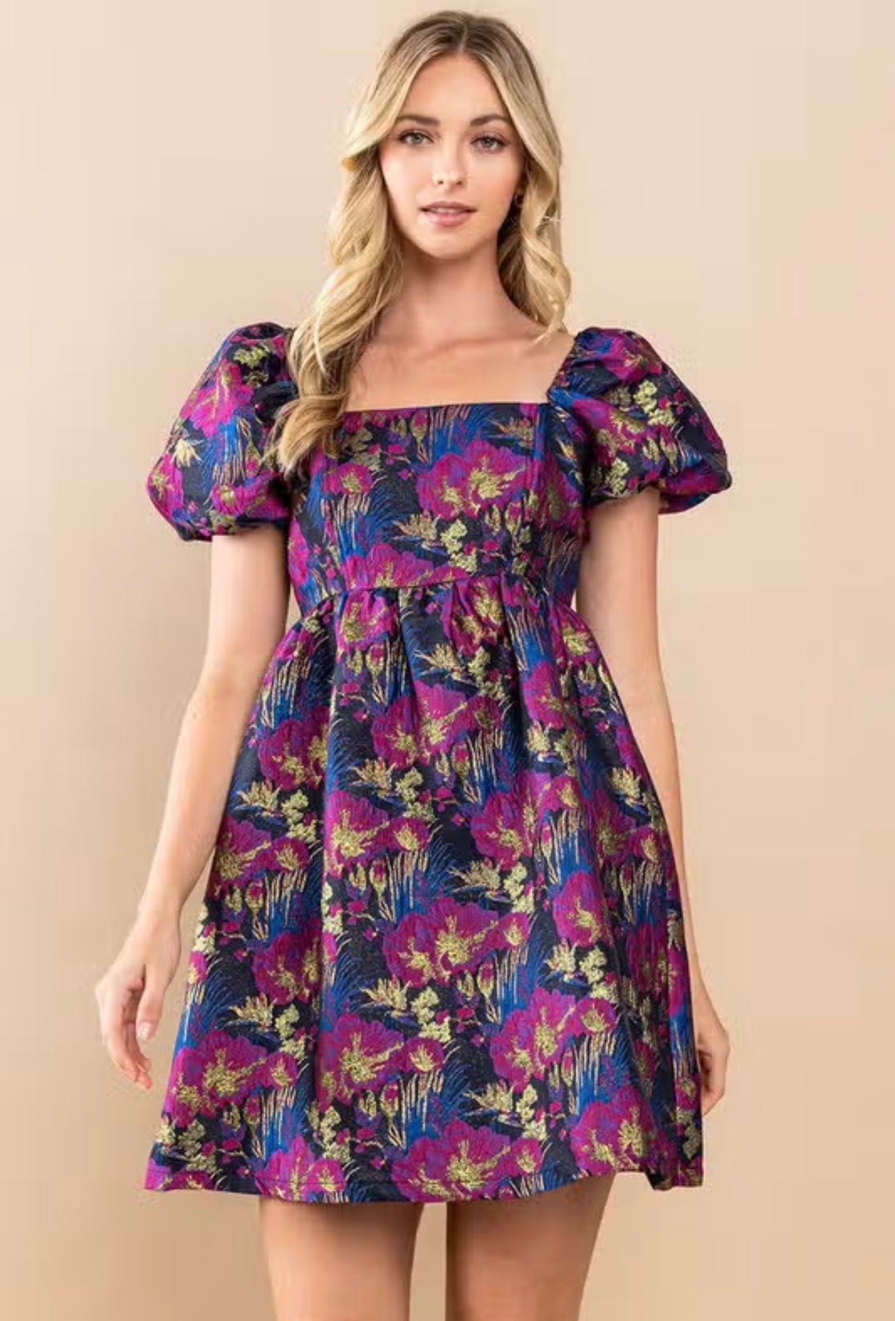 PRESSED Jacquard Floral Puff Sleeve Dress