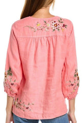 JOHNNY WAS Linen ACACIA Embroidered Peasant Blouse Top