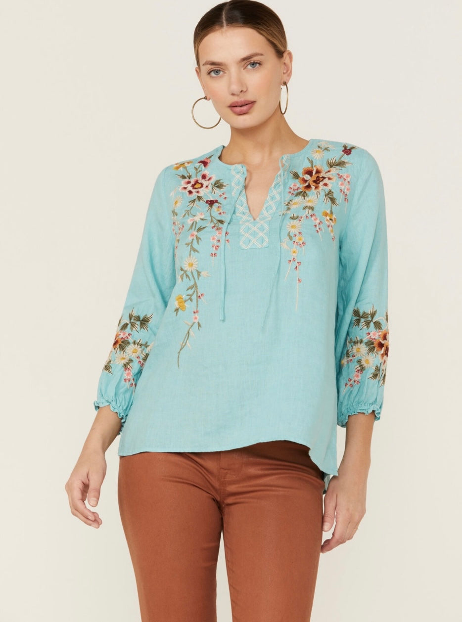 JOHNNY WAS Linen ACACIA Embroidered Peasant Blouse Top Silver Accents JOHNNY WAS Linen ACACIA Embroidered Peasant Blouse Top Silver Accents