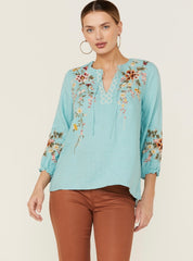 JOHNNY WAS Linen ACACIA Embroidered Peasant Blouse Top