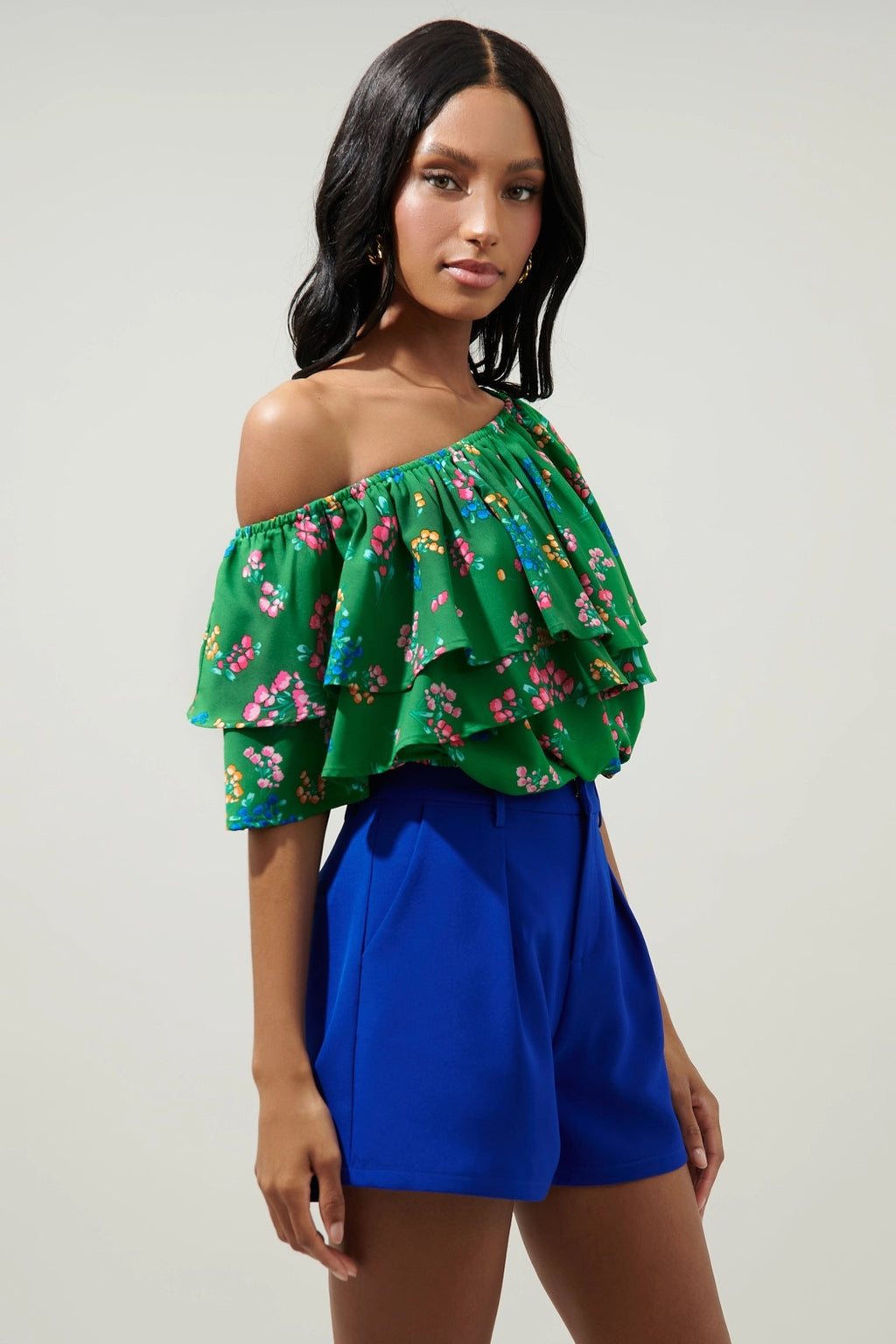 *IVANA Floral OneShoulder Ruffle Top