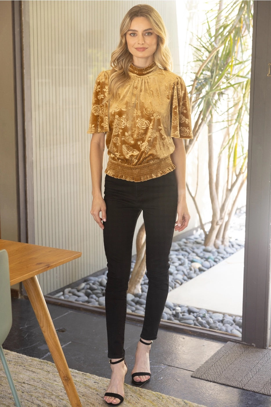 LISA Floral Pleated SmockWaist Velvet Top