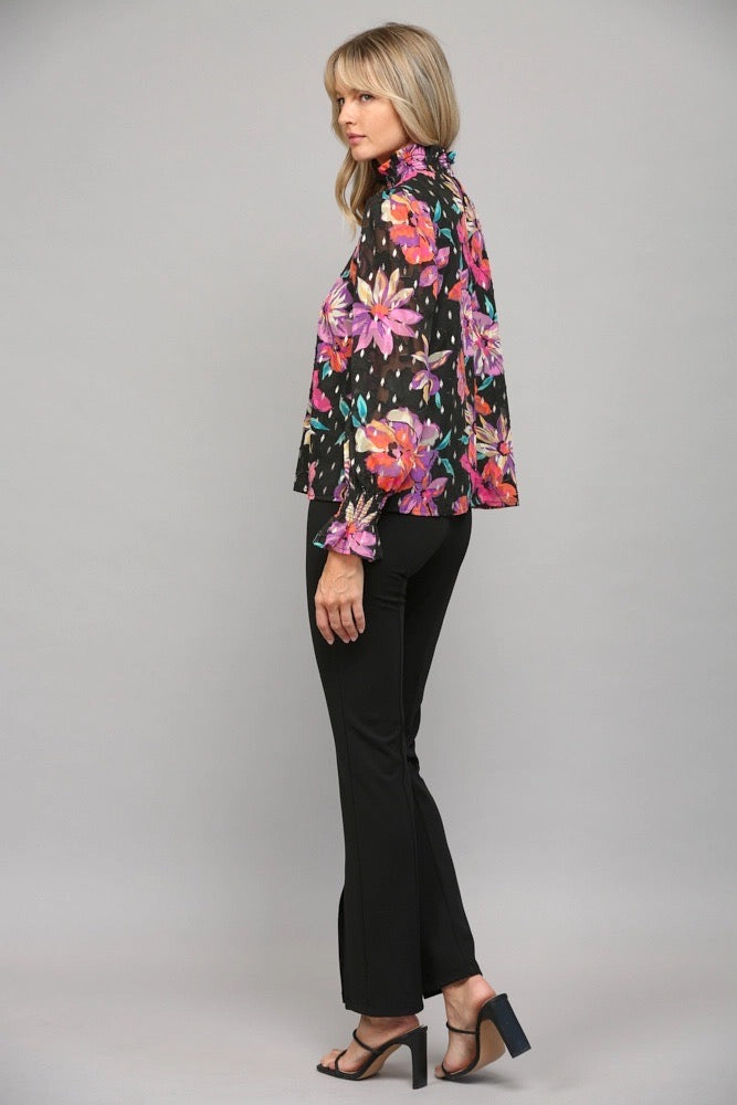 IRIS Floral Smock High Neck Foil Detail Top