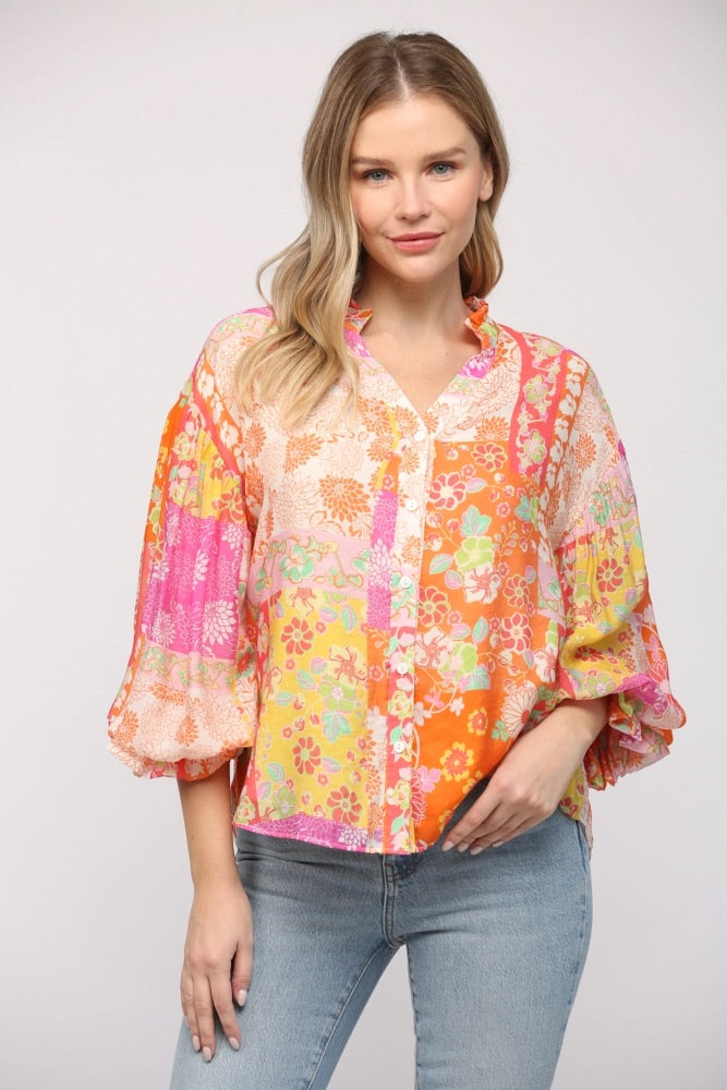 BISCAYNE Patchwork Print Floral ButtonDown Top
