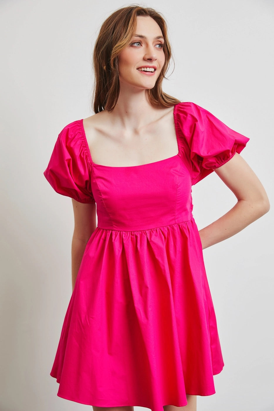 AURORA Puff Sleeve Bow Back Poplin Dress