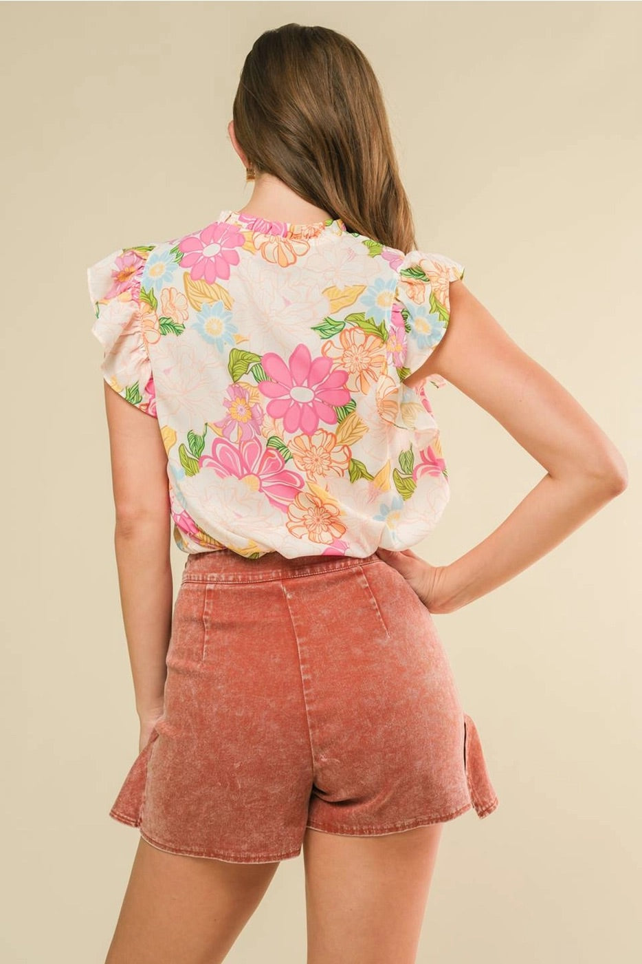 ALISTAIR Floral RuffleNeck FlutterSleeve Tie Top