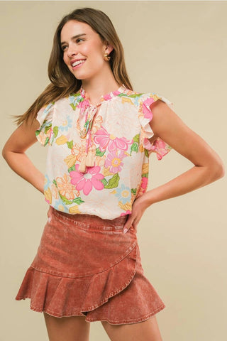 ALISTAIR Floral RuffleNeck FlutterSleeve Tie Top