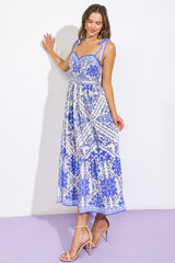 DYNASTY BorderPrint TieShoulder Woven Midi Dress