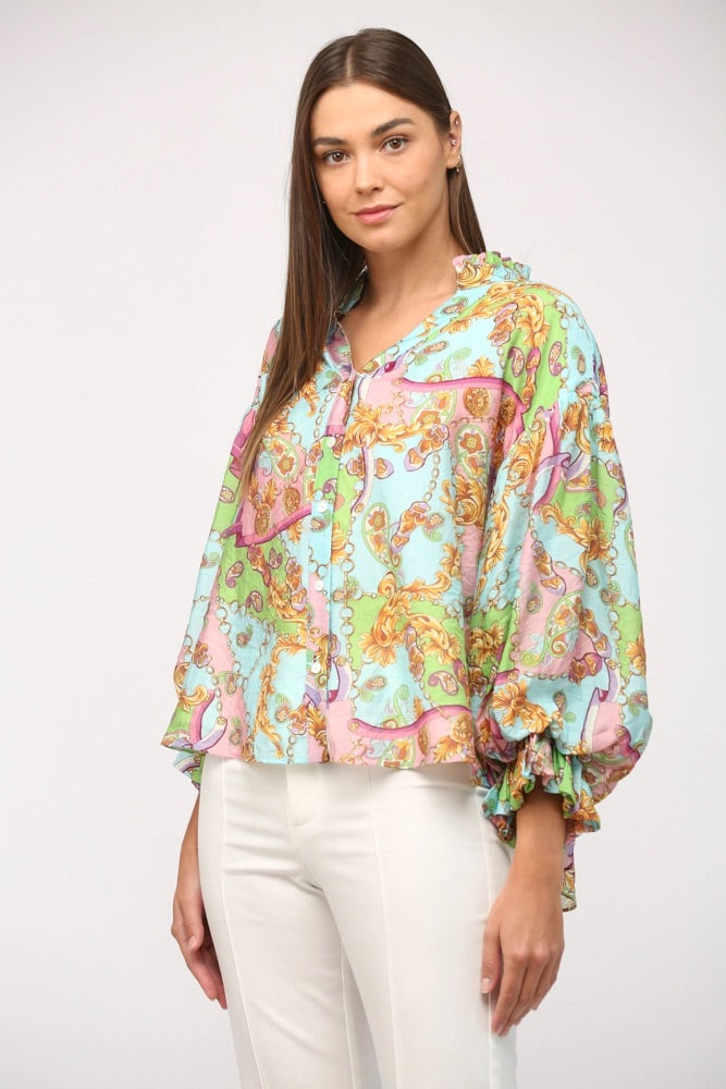 NAPLES ChainPrint ButtonDown BubbleSleeve Top