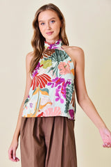 NIA FloralPrint MockNeck Halter Satin Top