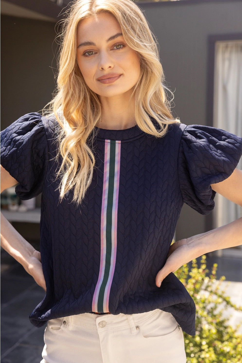 PHENOM Multi StripeFront Textured Knit Top