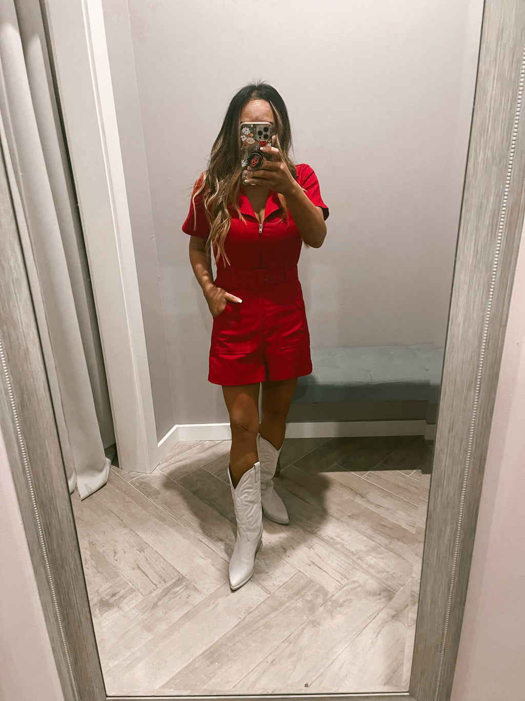 SHOW ME ZipperFront Belted Denim Romper