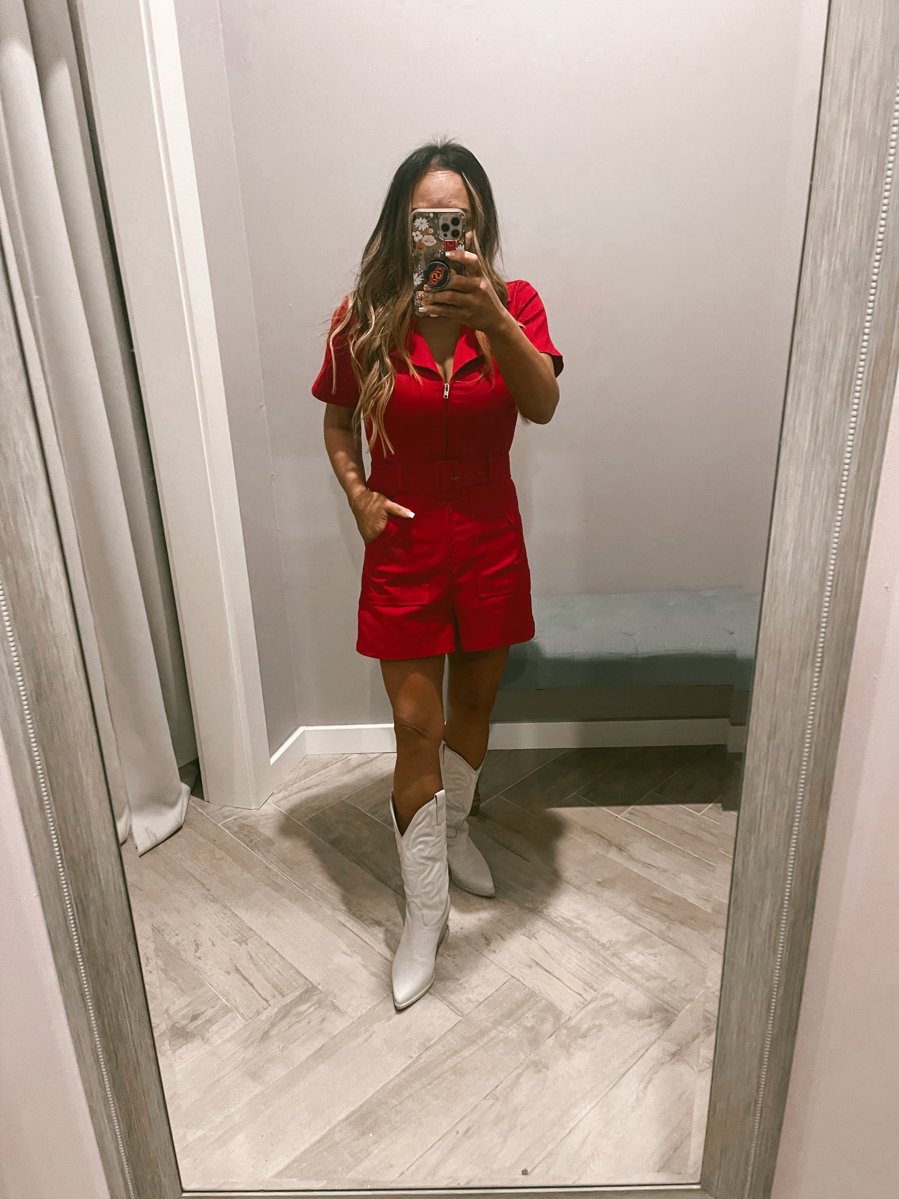 SHOW ME ZipperFront Belted Denim Romper