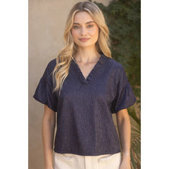 RIVER RuffleCollar BubbleSleeve Textured Top