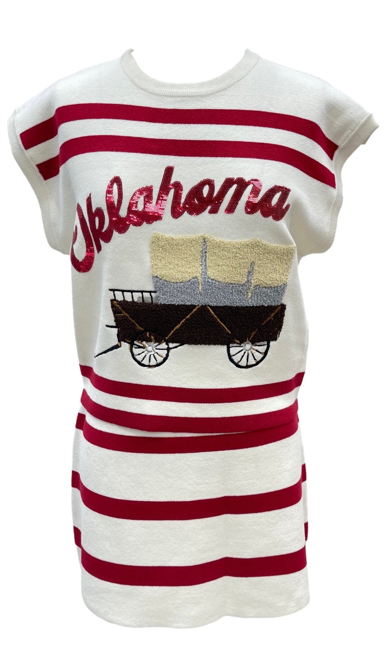 QUEEN OF SPARKLES Stripe Sequin OKLAHOMA Schooner Short Sleeve Top