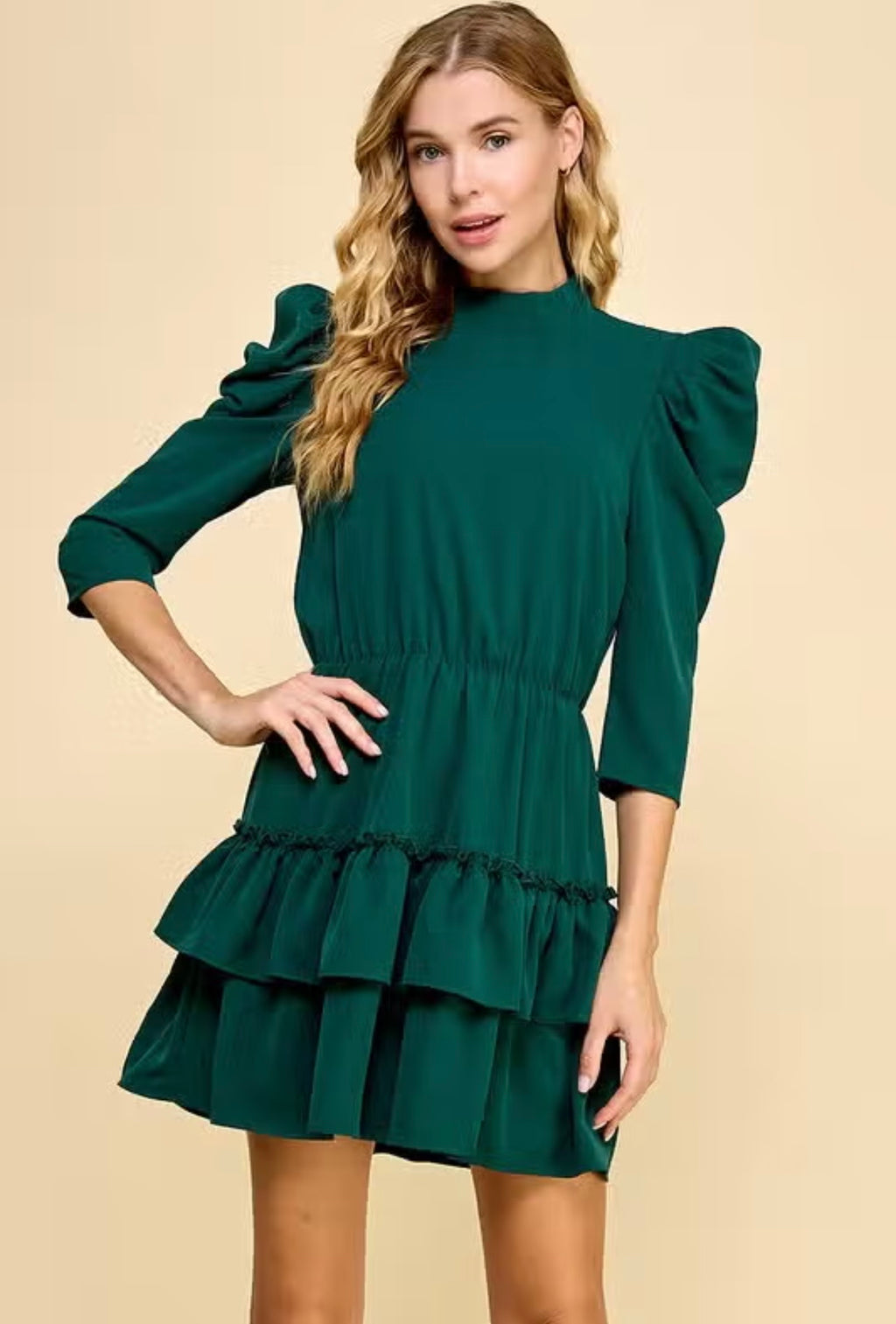 NEVERENDING Ruche Sleeve Tiered Ruffle Dress