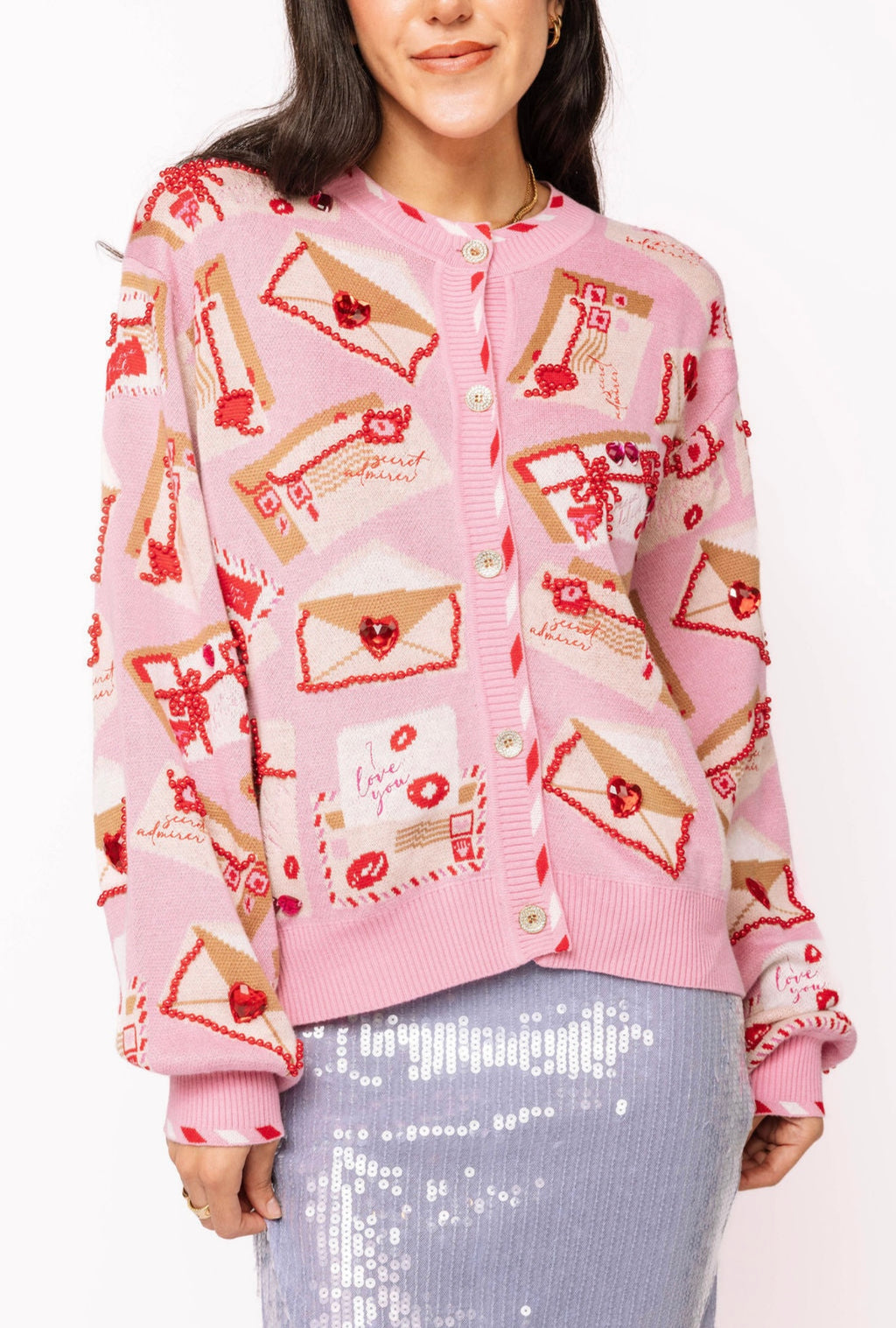 Queen of Sparkles Pink Love Letters Button Up Knit Cardigan