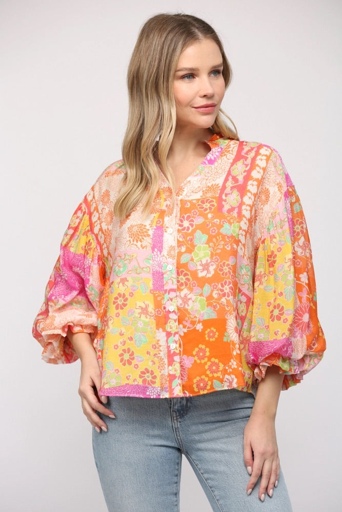 BISCAYNE Patchwork Print Floral ButtonDown Top