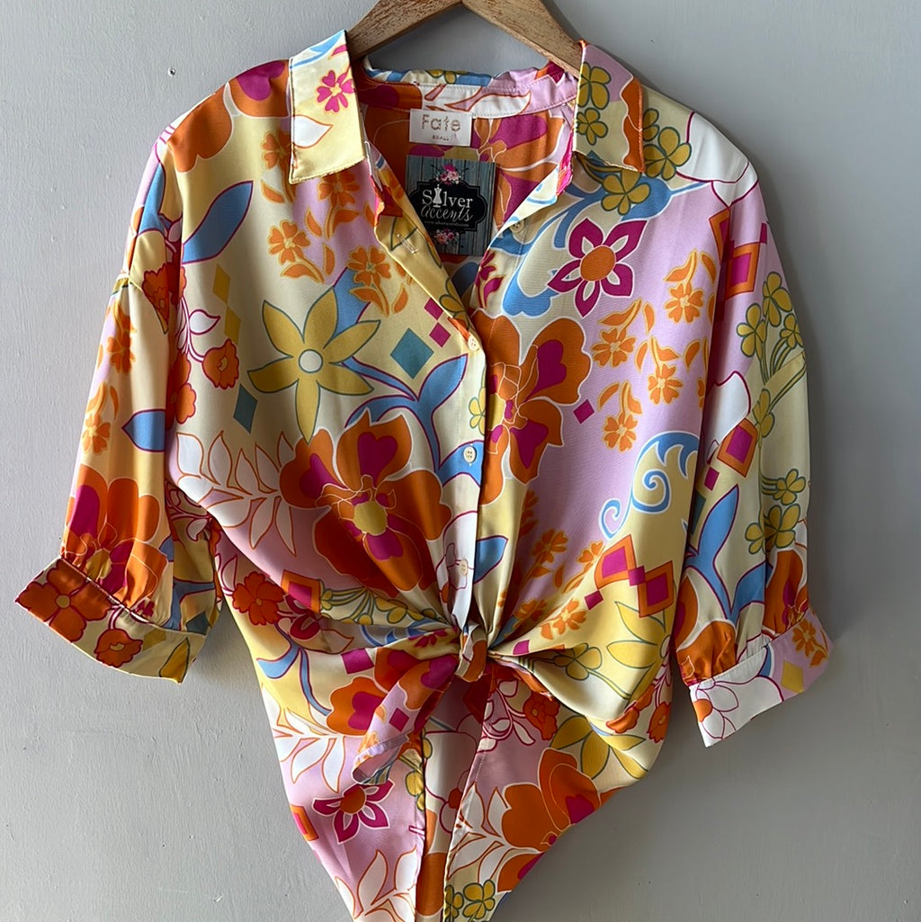 ALARM Abstract Floral Satin Short Sleeve Top