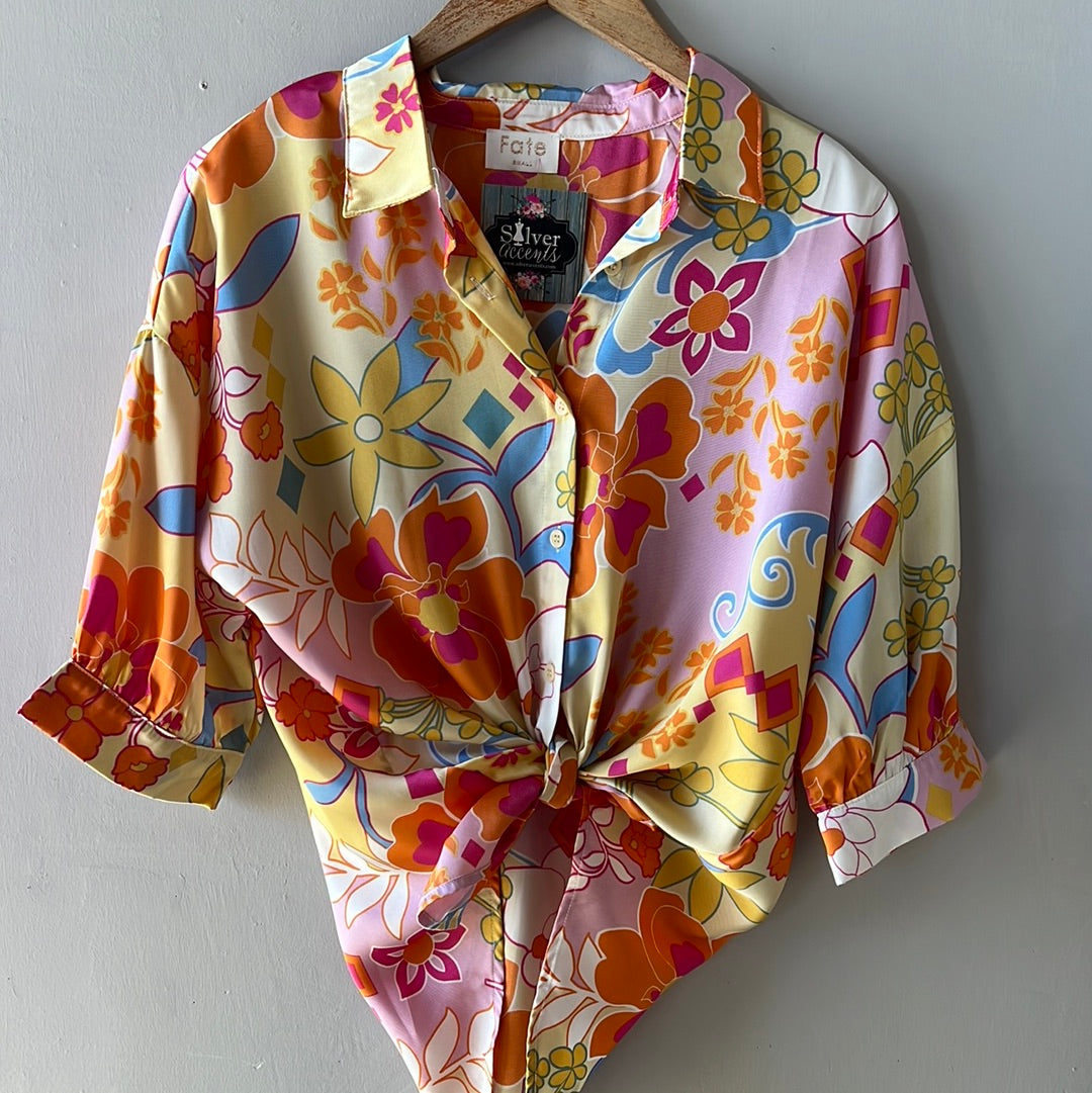ALARM Abstract Floral Satin Short Sleeve Top