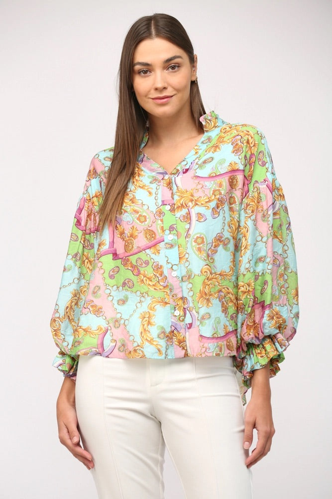 NAPLES ChainPrint ButtonDown BubbleSleeve Top