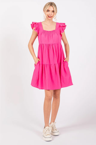 CAMEO Tiered Ruffle FlutterSleeve Poplin Dress