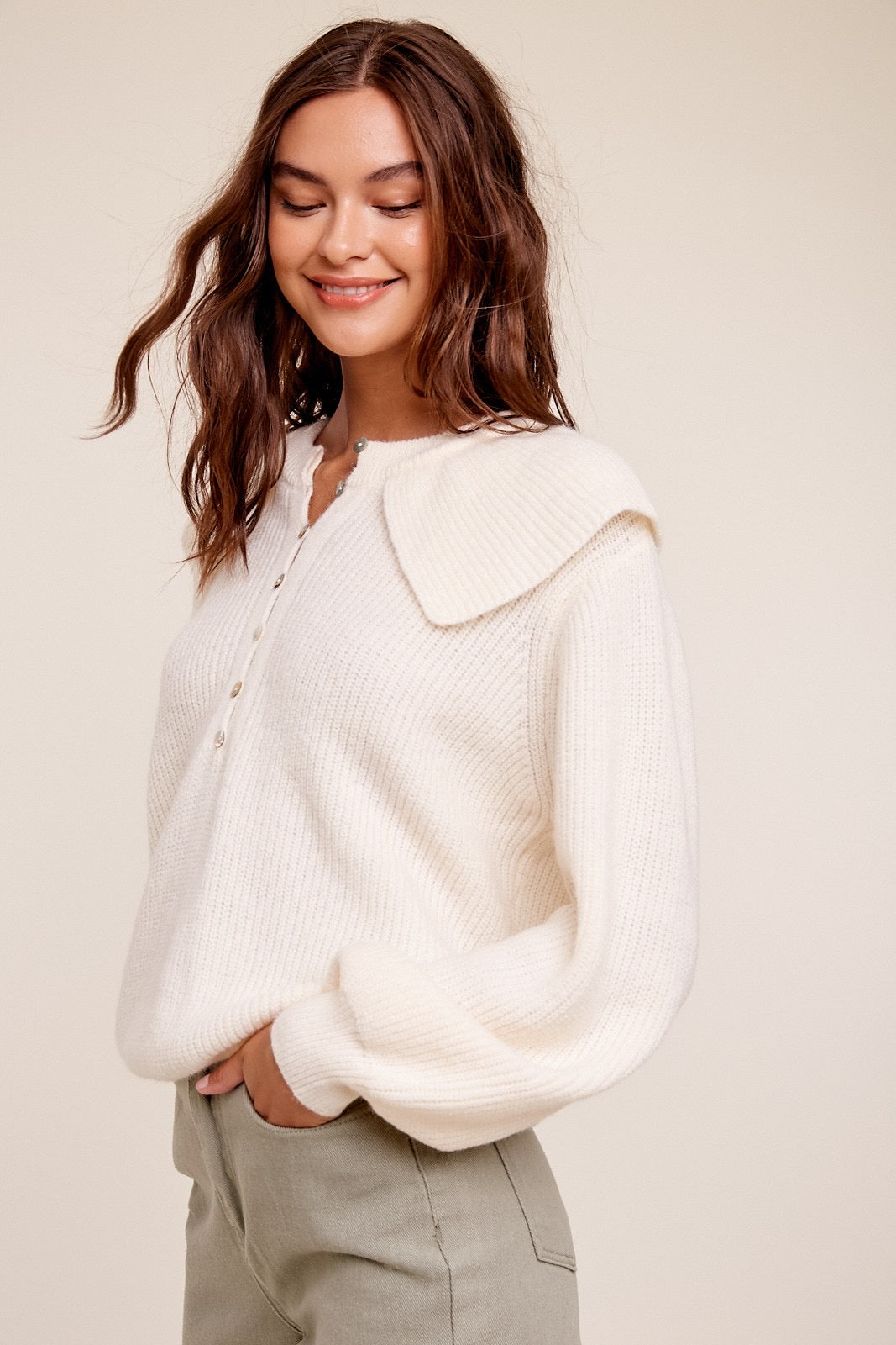 *MILLY FlapNeck ButtonDetail Sweater Top