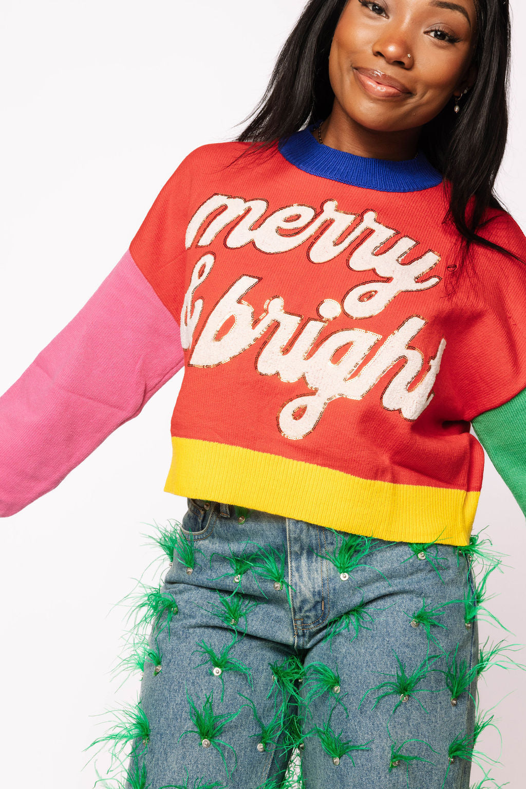 QUEEN OF SPARKLES ColorBlock Fuzzy MERRY & BRIGHT Sweater Top