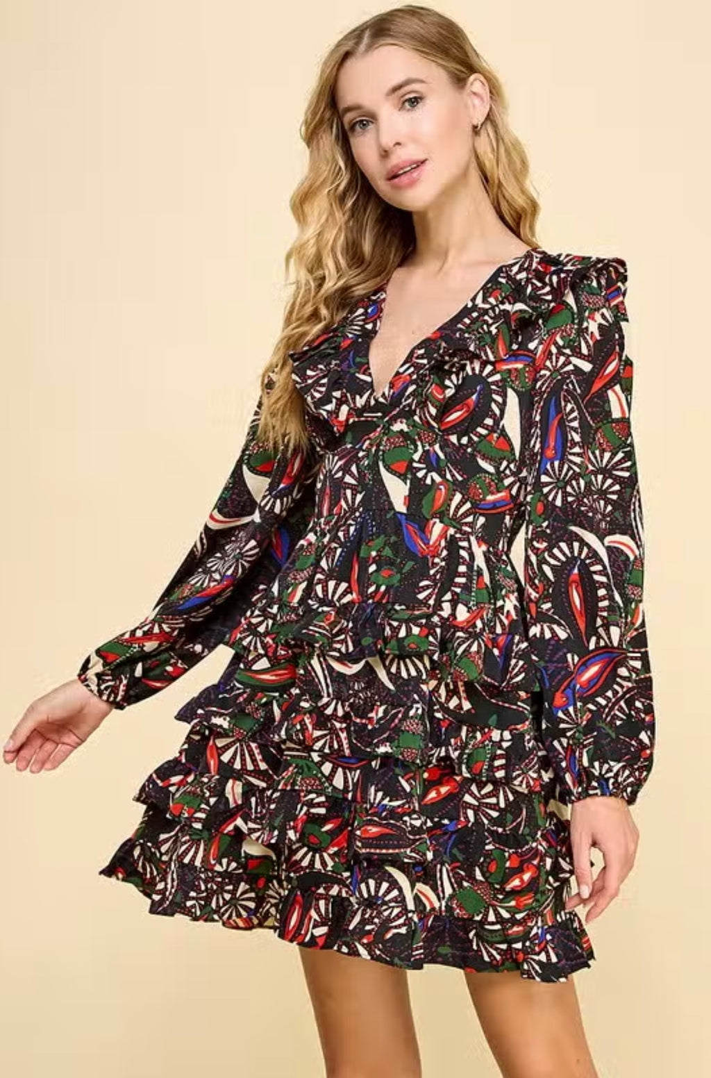 CONCEAL Abstract Print V-Neck LongSleeve Dress