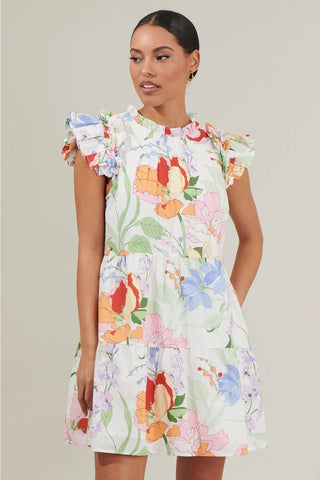 JULIET Floral RuffleNeck/PleatSleeve Poplin Dress