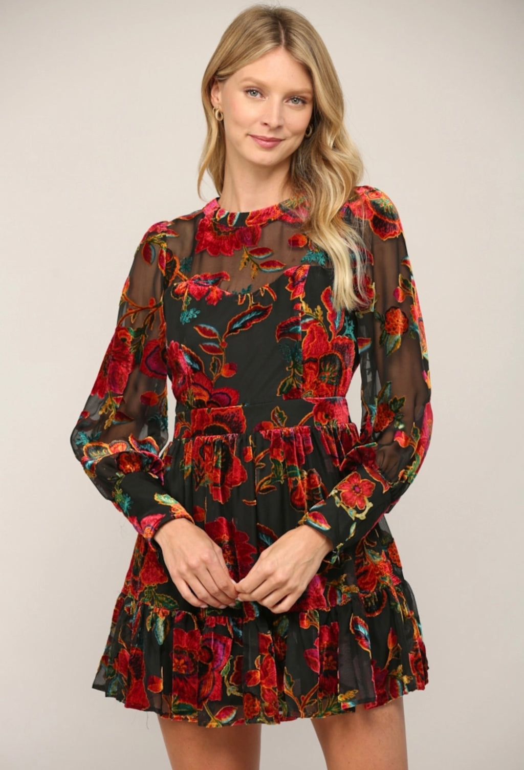 *FOR KEEPS Velvet BurnOut Floral Flare Dress