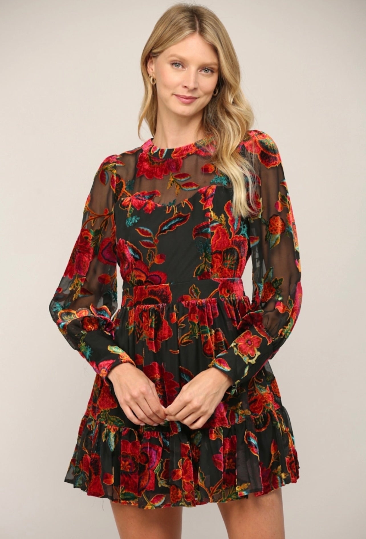 *FOR KEEPS Velvet BurnOut Floral Flare Dress