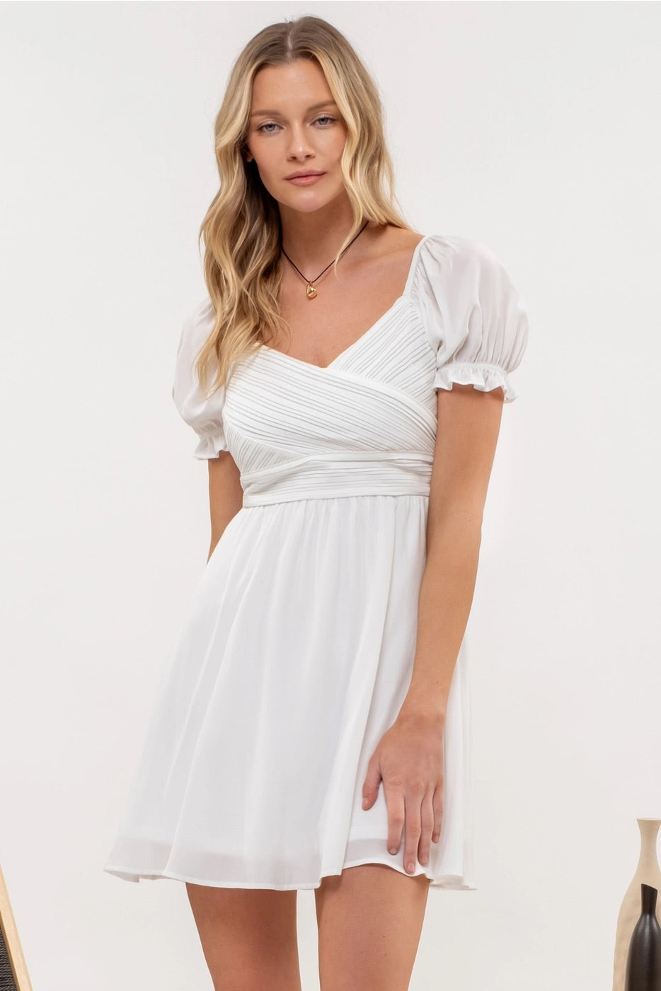 ACCOLADES Pleated WrapBust PuffSleeve TieBack Dress