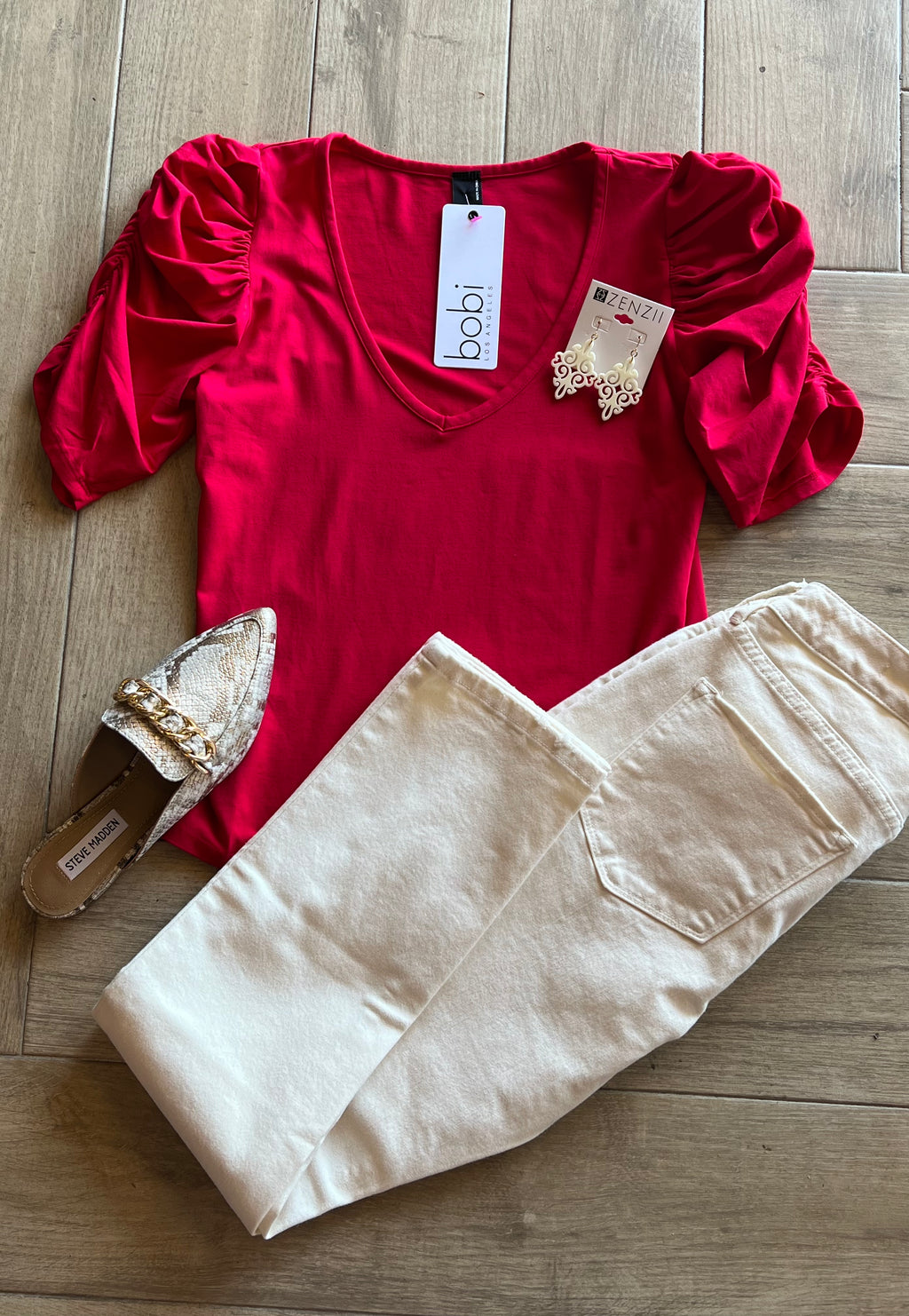 BOBI Lightweight Jersey SOPHIA ShirredSleeve V-Neck Top