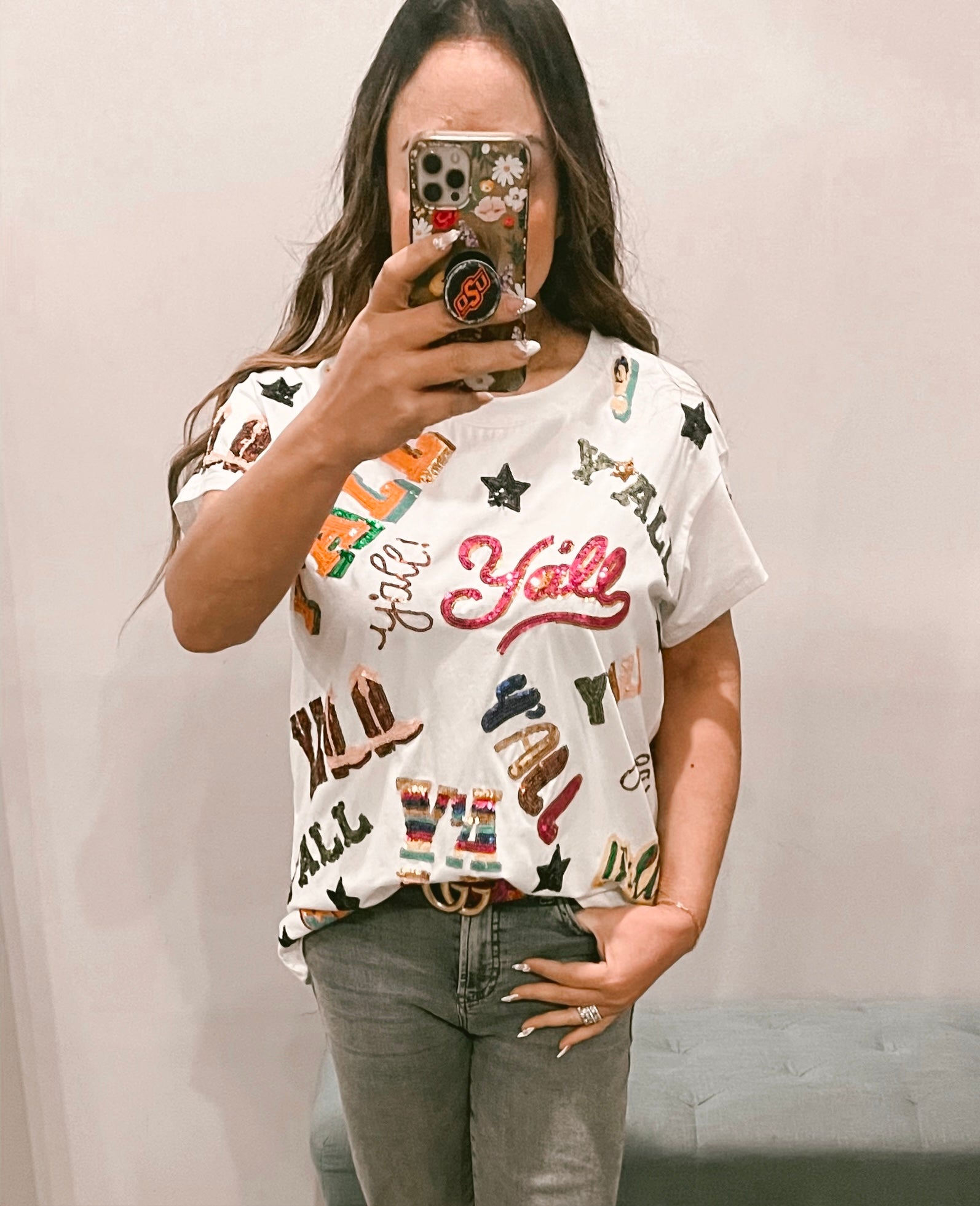 QUEEN OF SPARKLES Allover Y’ALL Sequin Short Sleeve Tee