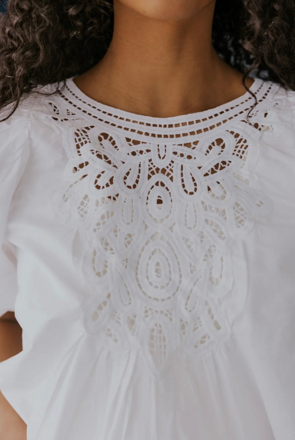 FREE PEOPLE Crochet Front BARDOT PuffSleeve Woven Top