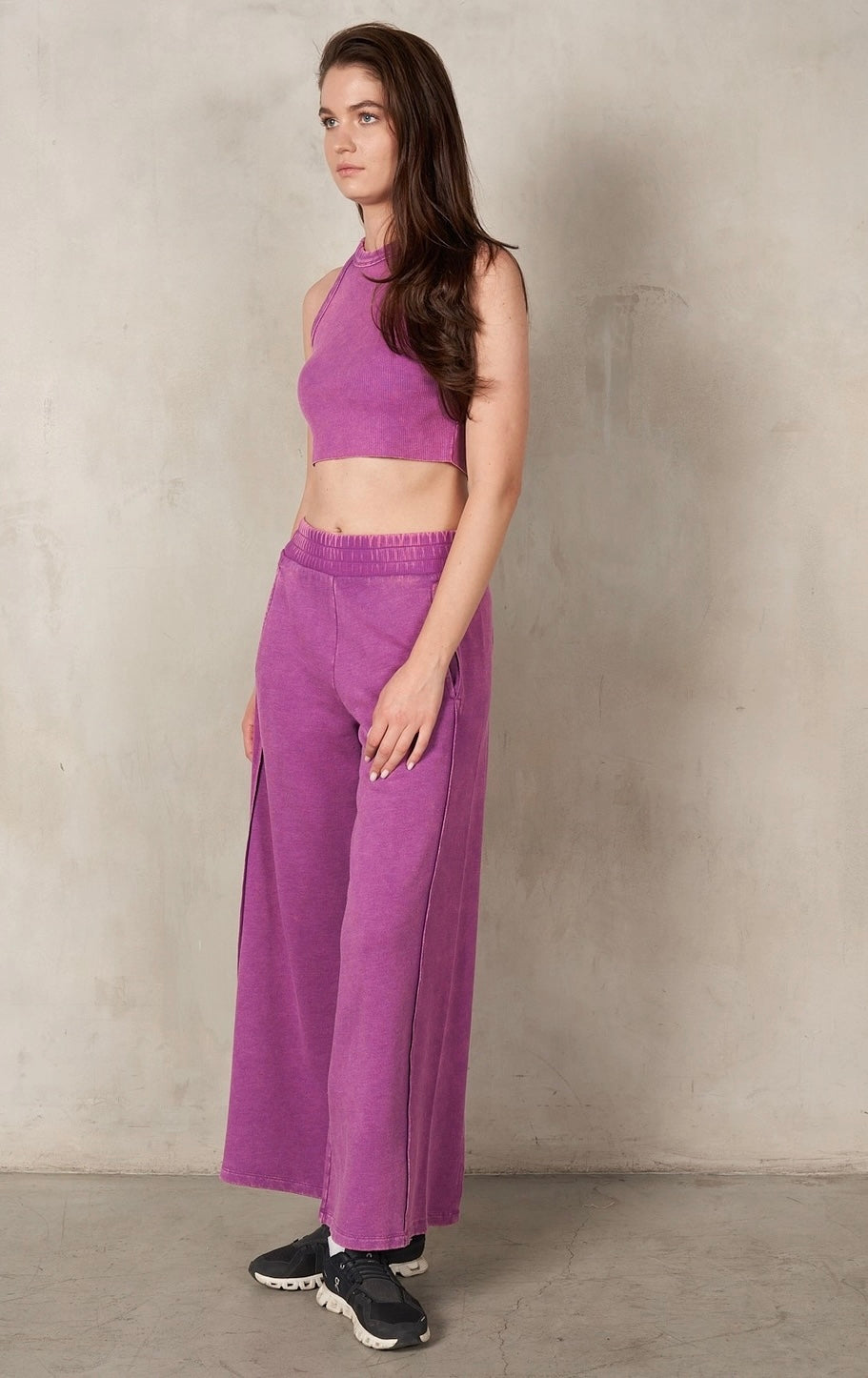 RISEN 2Piece HalterNeck RibMix WideLeg Pant Set