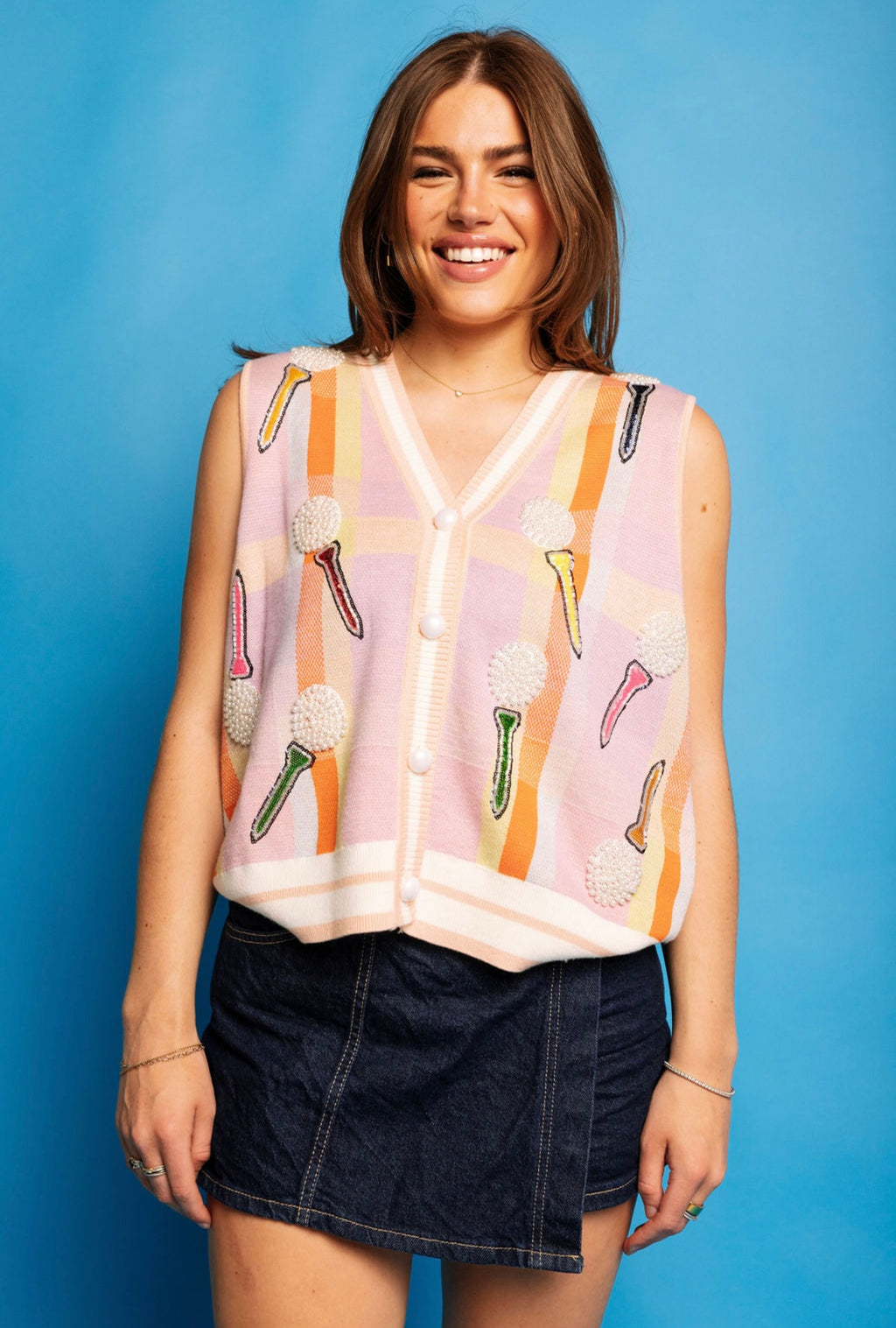 QUEEN OF SPARKLES Plaid Sequin TEE TIME Sweater Vest