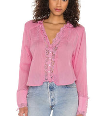 FREE PEOPLE Lacetrim CLEMENCE Pleat ButtonDown Top