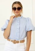 BROOKLYN Stripe Ruffle BubbleSleeve Woven Top