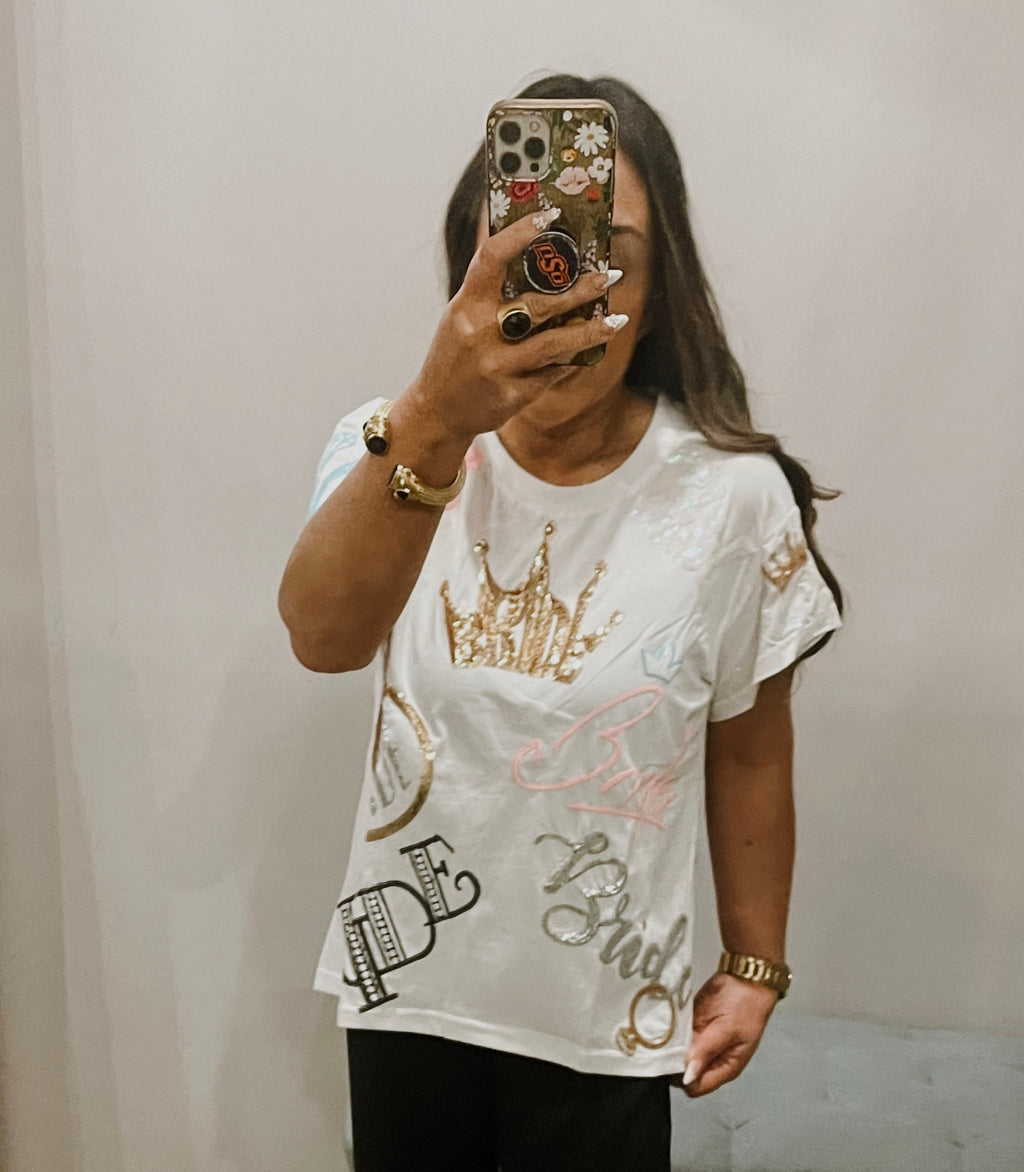 QUEEN OF SPARKLES Sequin BRIDE ALLOVER Tee Top