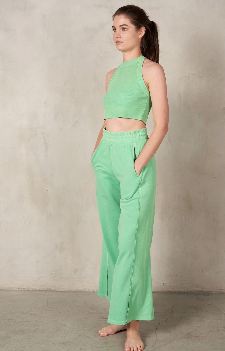 RISEN 2Piece HalterNeck RibMix WideLeg Pant Set