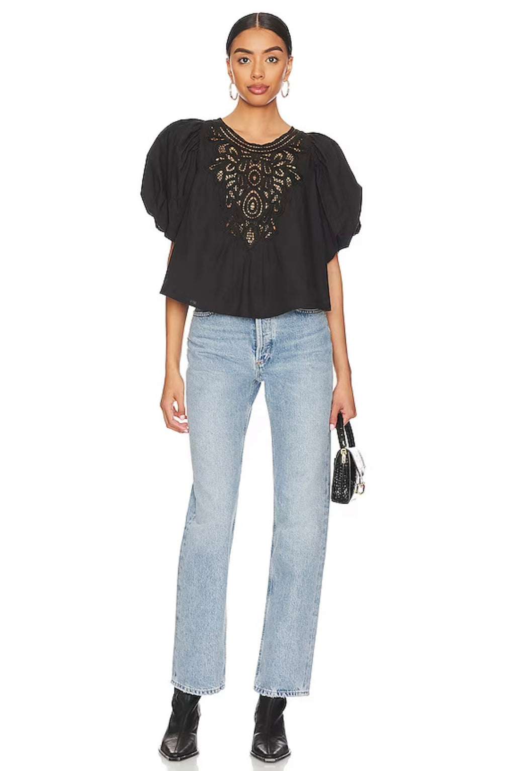 FREE PEOPLE Crochet Front BARDOT PuffSleeve Woven Top