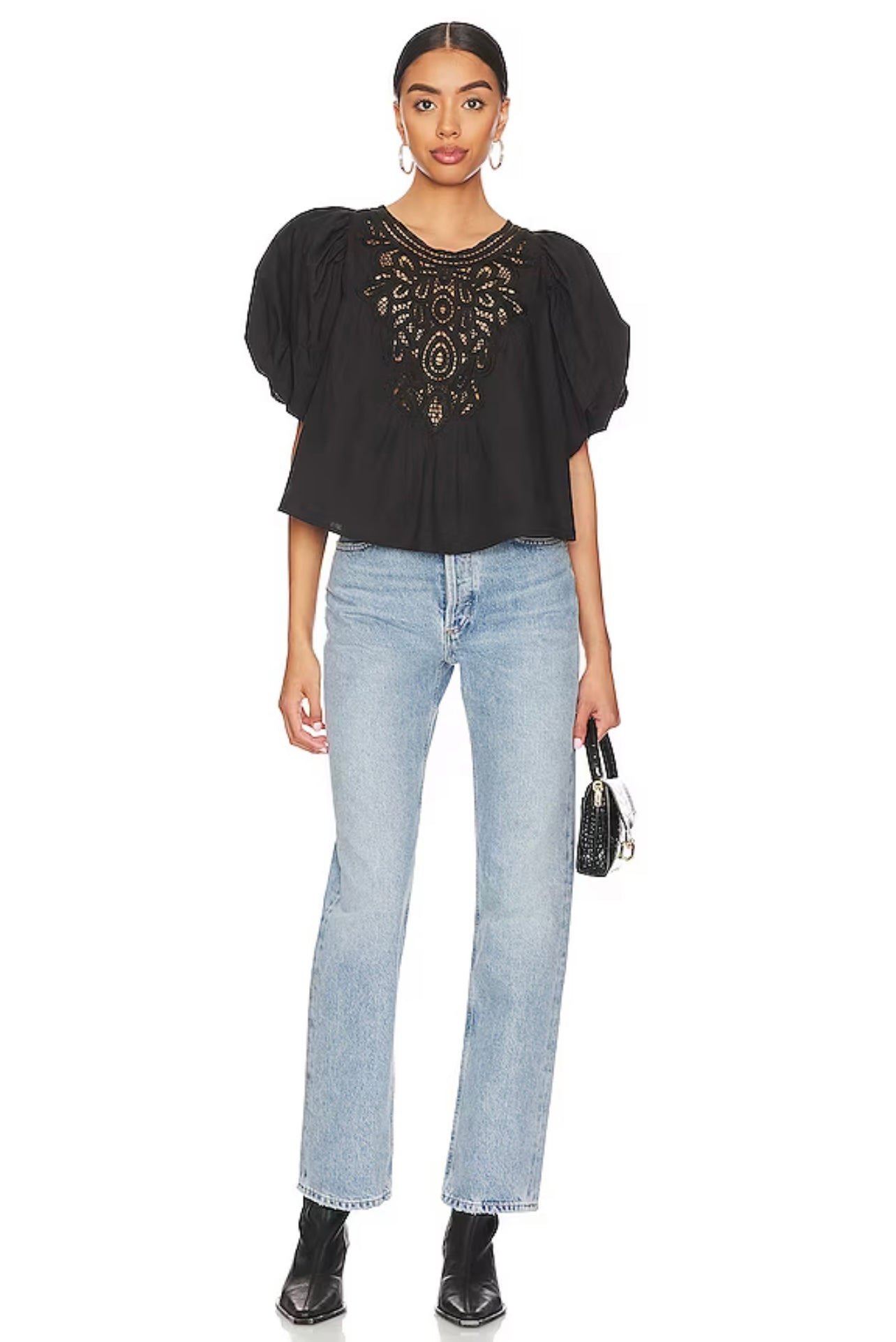 FREE PEOPLE Crochet Front BARDOT PuffSleeve Woven Top