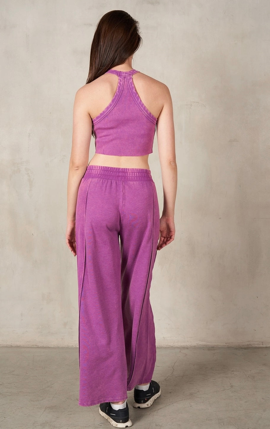 RISEN 2Piece HalterNeck RibMix WideLeg Pant Set