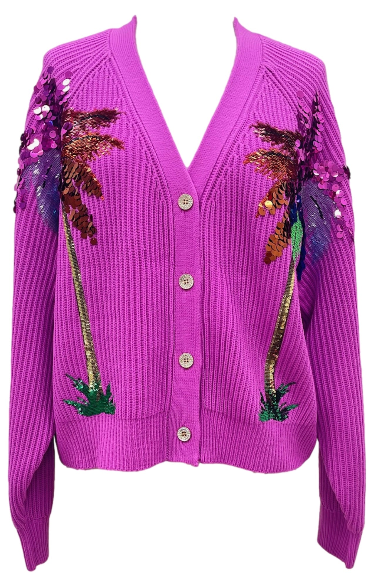 QUEEN OF SPARKLES Sequin PALM TREE Cardigan Top